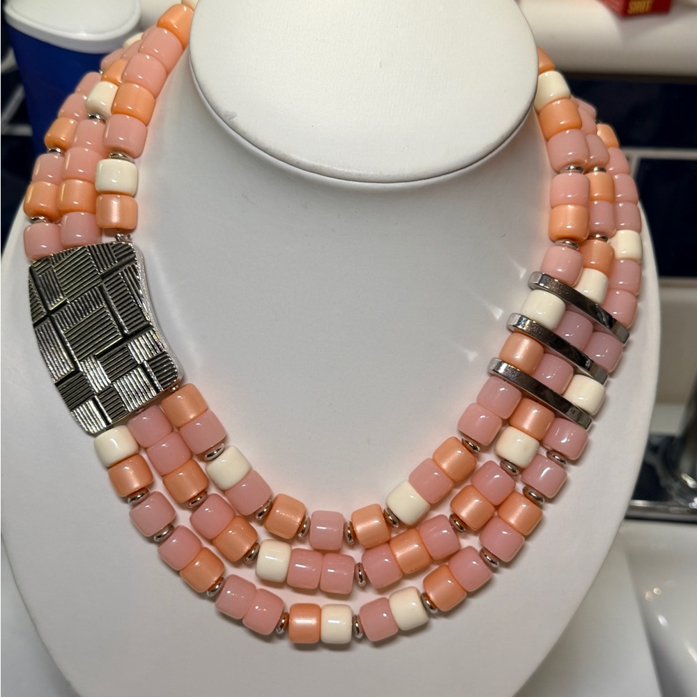 Vintage 70-80s Trifari Triple Strand Tri-Tone Beaded Necklace w/Silver Clasp